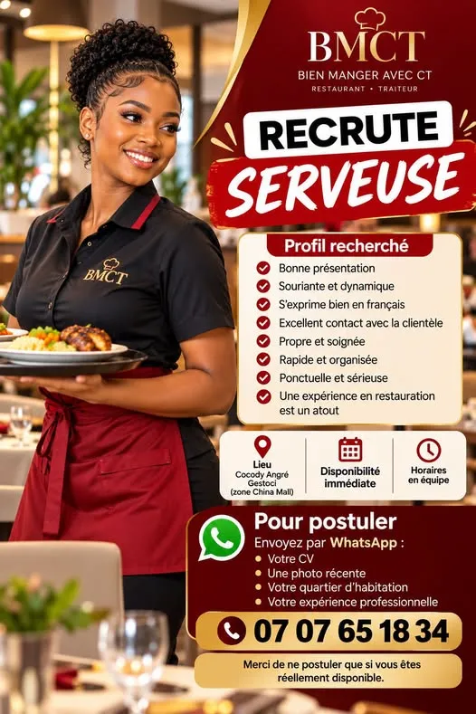 RECRUTEMENT DE SERVEUSE PRESENTABLE