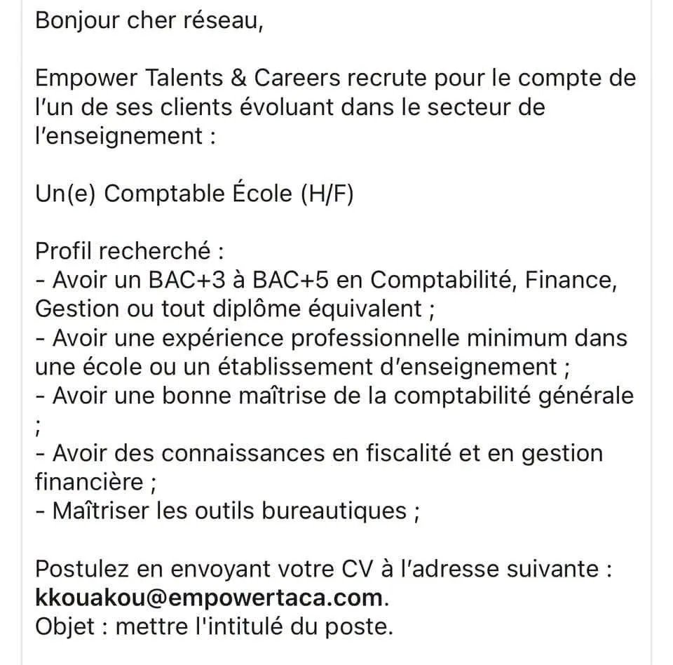 RECRUTEMENT D'UNE ASSISTANTE COMPTABLE