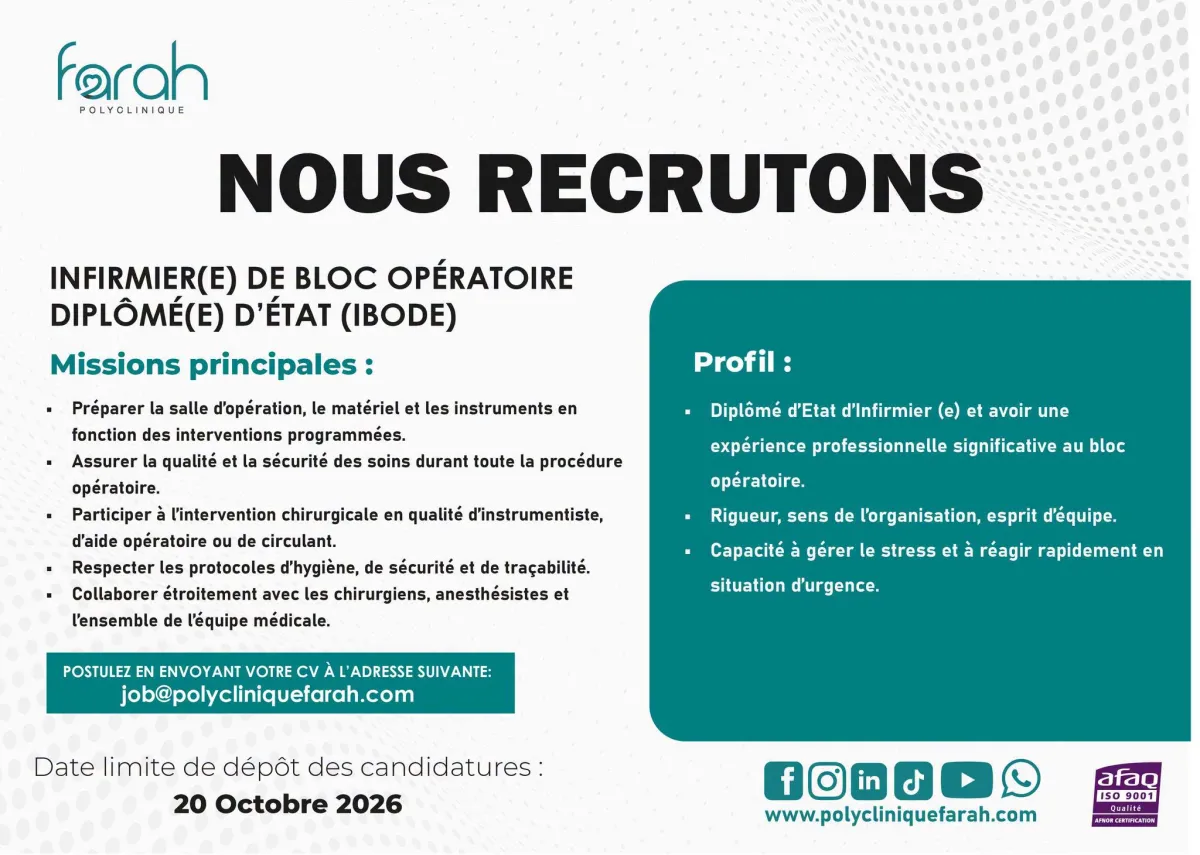 Offre d'emploi RECRUTEMENT INFIRMIER DE BLOC OPERATOIRE (H/F)