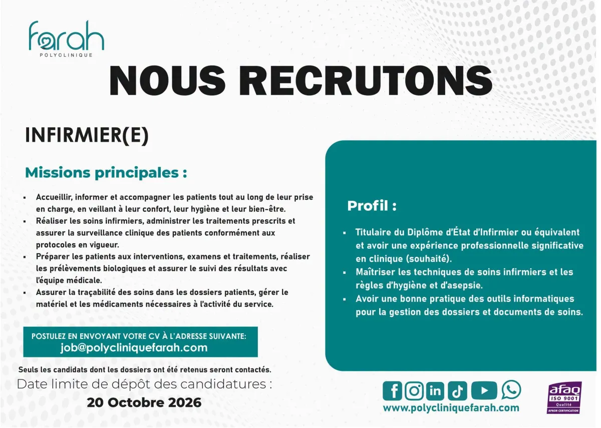 Offre d'emploi CLINIQUE RECRUTE D'INFIRMIER (H/F)