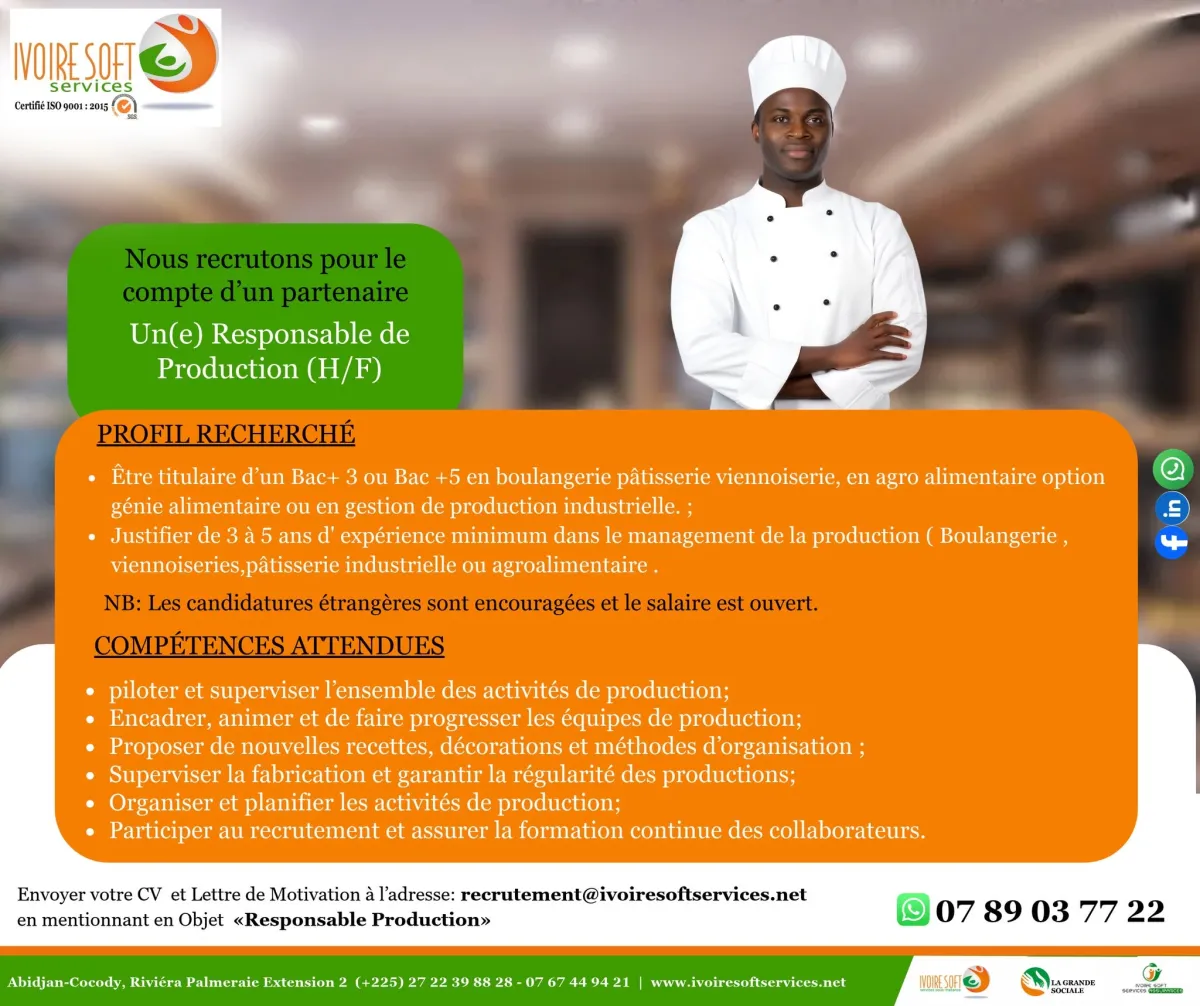 RECRUTEMENT RESPONSABLE DE PRODUCTION (H/F)