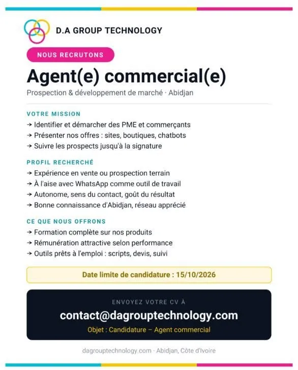 Offre d'emploi RECRUTEMENT AGENT COMMERCIAL (H/F)