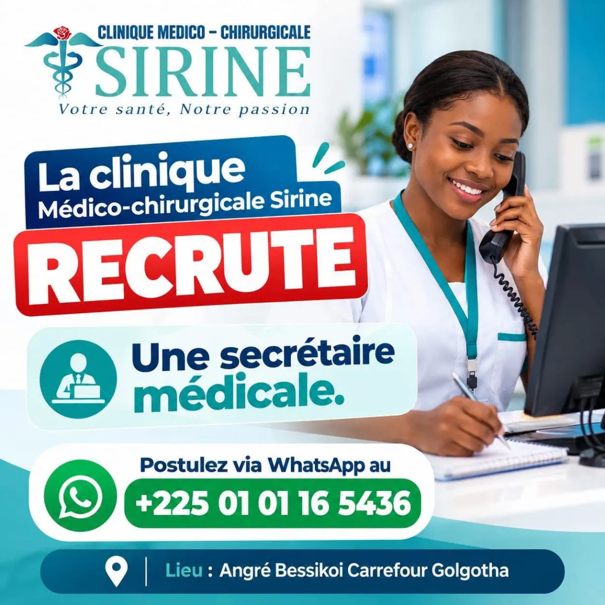CLINIQUE RECRUTE SECRETAIRE MEDICALE