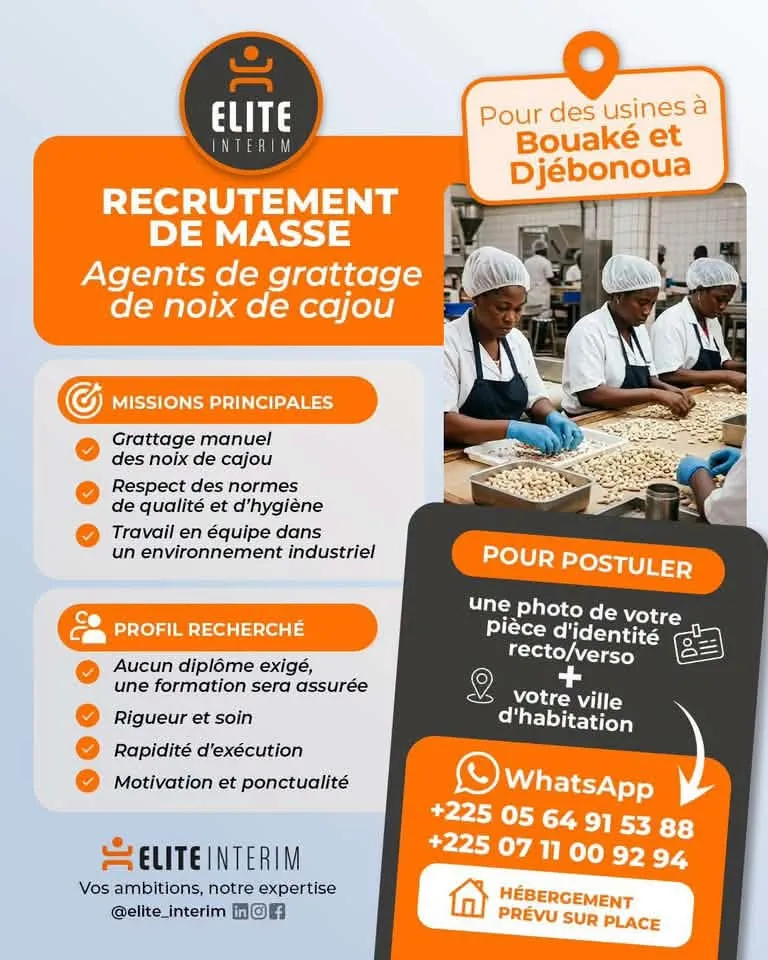RECRUTEMENT AGENTS DE GRATTAGE NOIX DE CAJOU