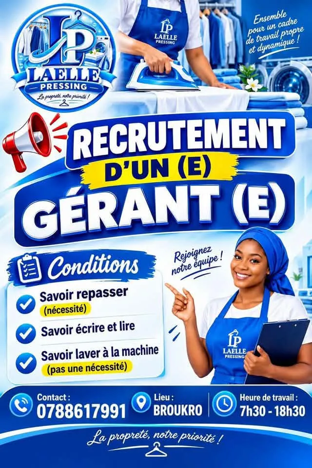 RECRUTEMENT D'UN GERANT DE PRESSING (H/F)