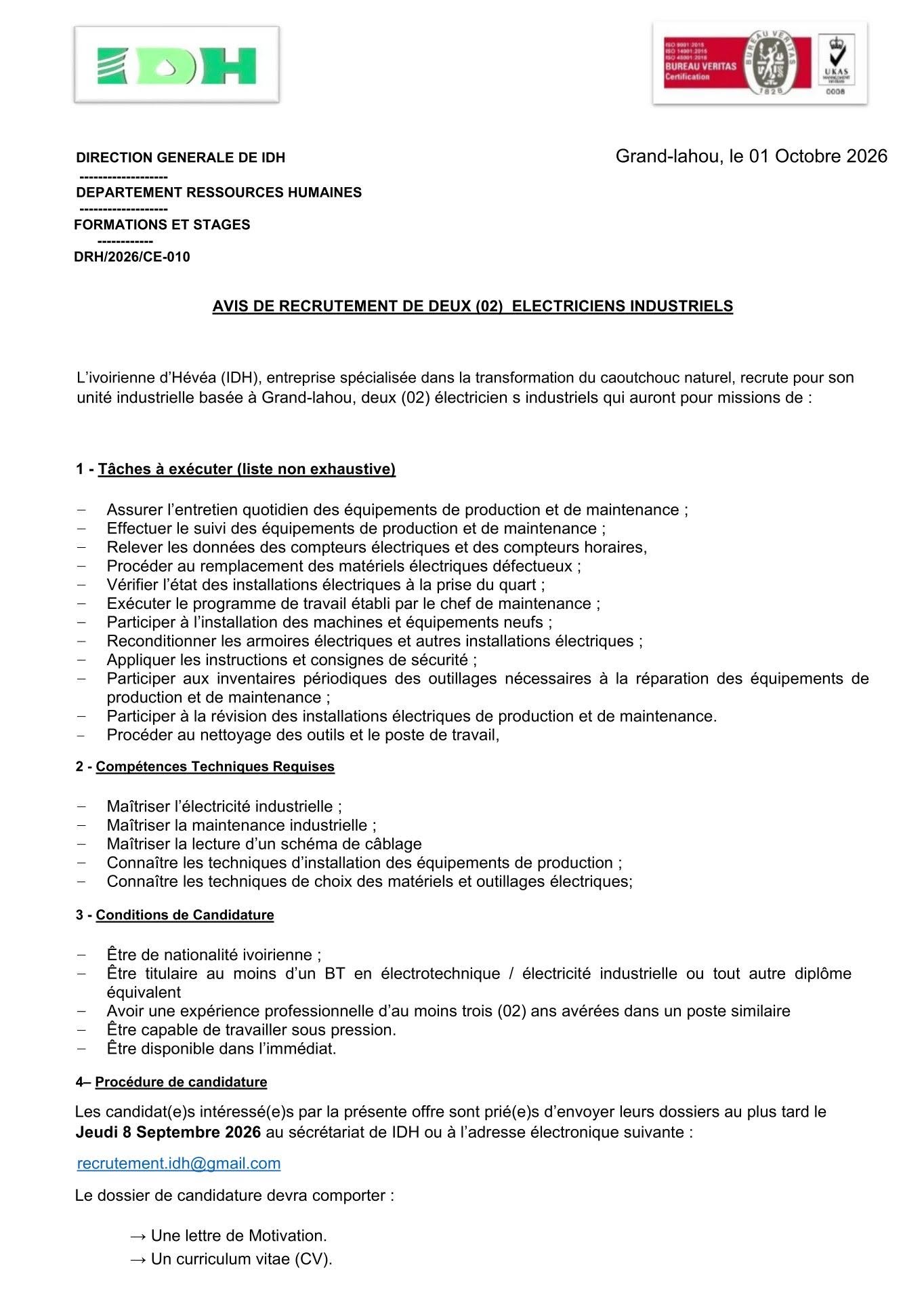 RECRUTEMENT DEUX (02) ELECTRICIENS INDUSTRIELS