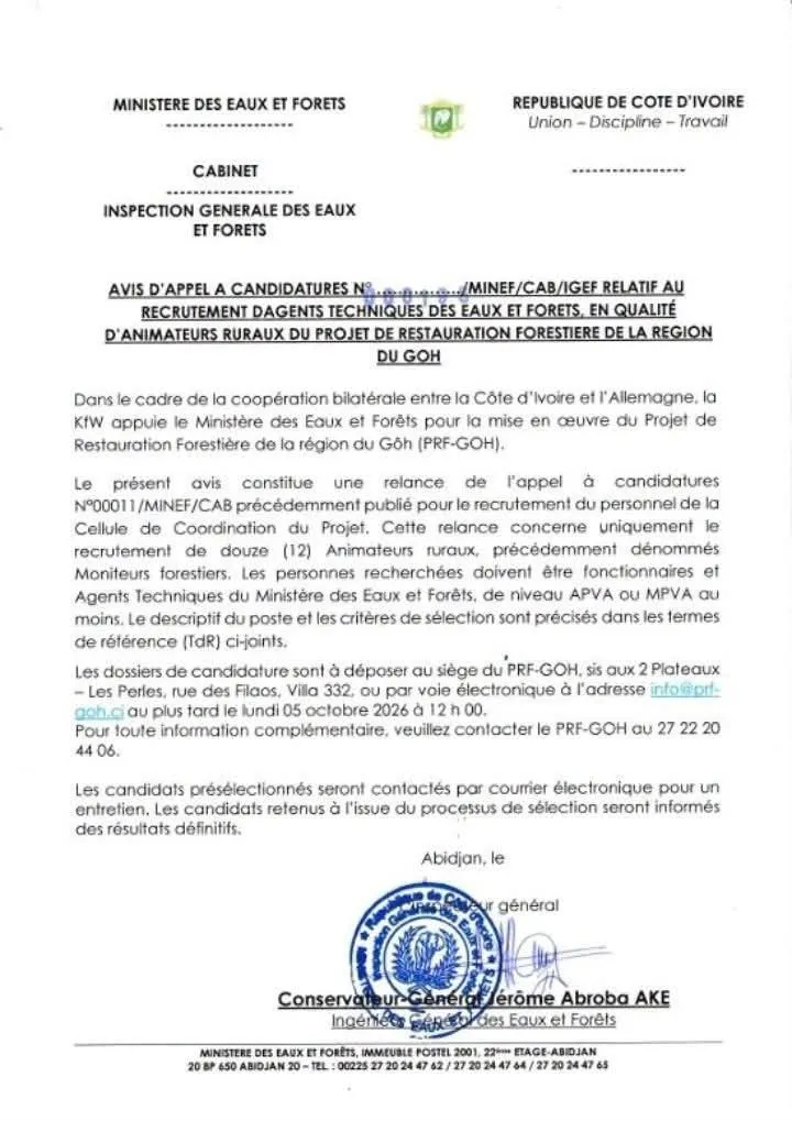 𝐀𝐕𝐈𝐒 𝐃𝐄 𝐑𝐄𝐂𝐑𝐔𝐓𝐄𝐌𝐄𝐍𝐓 /PROJET DE RESTAURATION FORESTIERE DE LA REGION DU GOH (PRF-GOH)