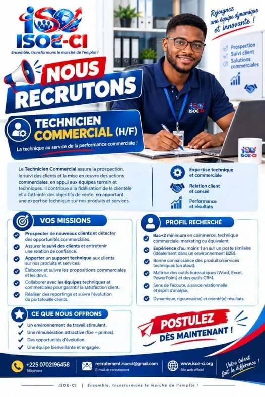RECRUTEMENT D'UN TECHNICIEN COMMERCIAL (H/F)