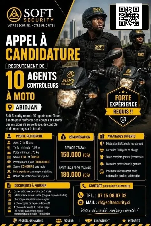 Offre d'emploi RECRUTEMENT D'AGENT CONTRÔLEUR MOTO