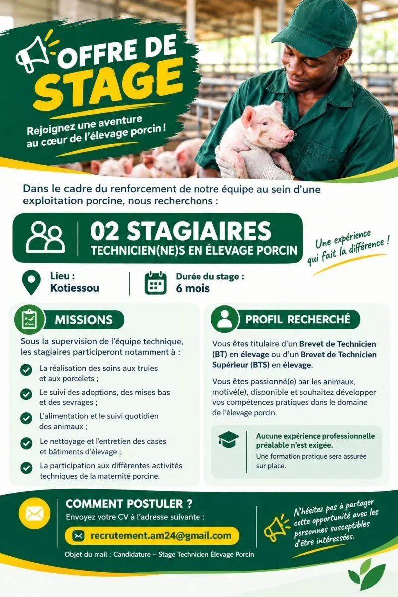 RECRUTEMENT TECHNICIEN EN ELEVAGE PORCIN STAGE (H/F)