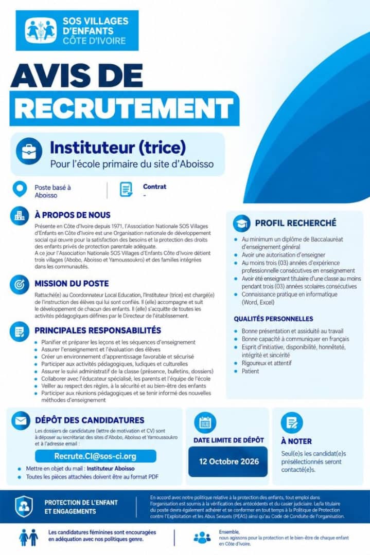 SOS VILLAGE RECRUTE INSTITUTEUR / INSTITUTRICE