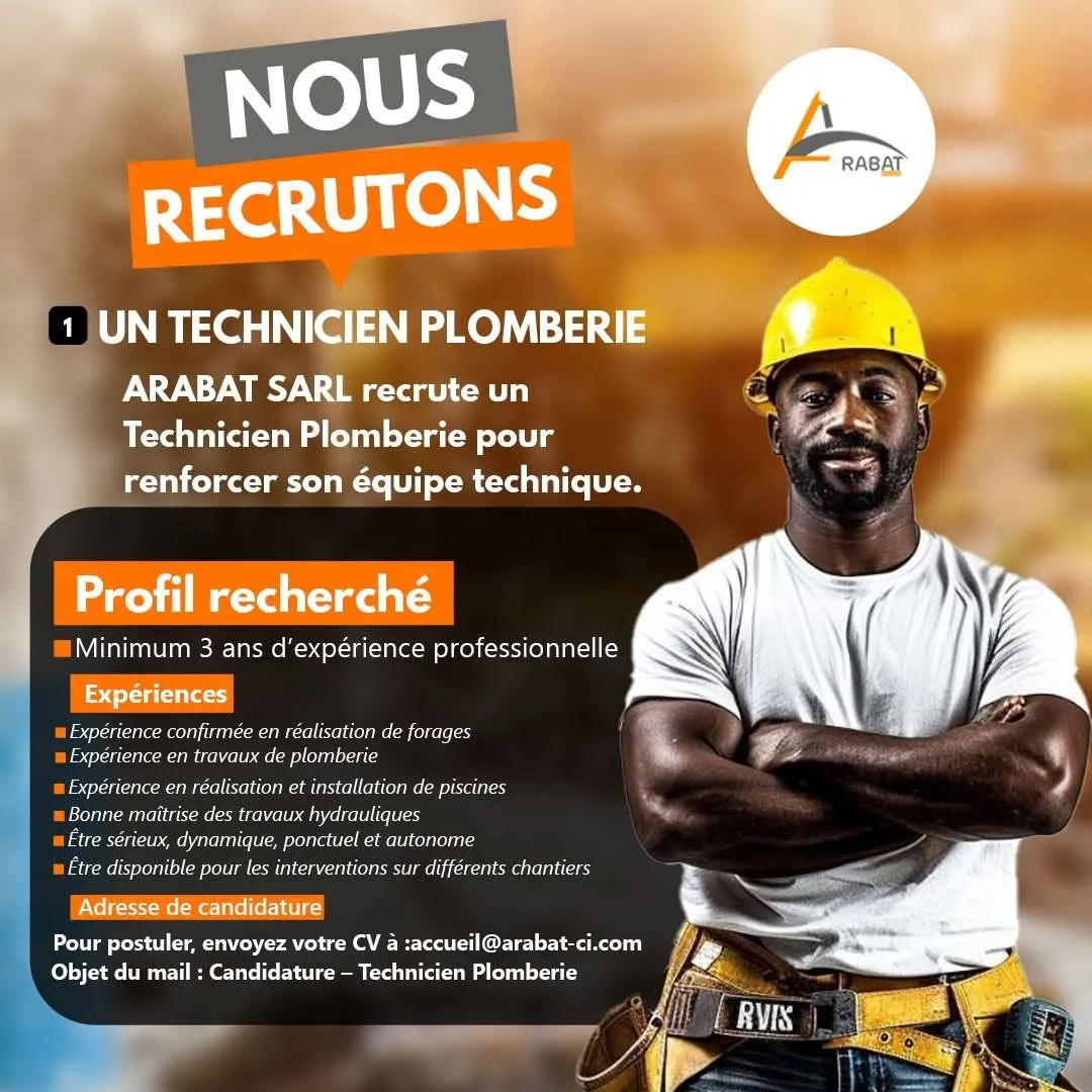 RECRUTEMENT TECHNICIEN PLOMBERIE (H/F)