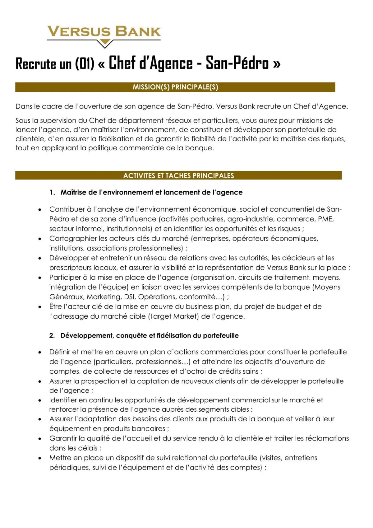 Offre d'emploi RECRUTEMENT CHEF D’AGENCE (H/F)