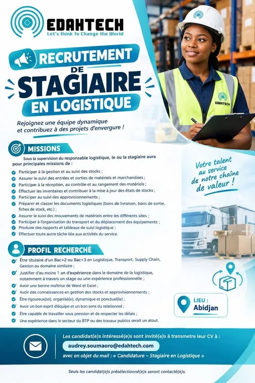 RECRUTEMENT STAGIAIRE LOGISTIQUE (H/F)