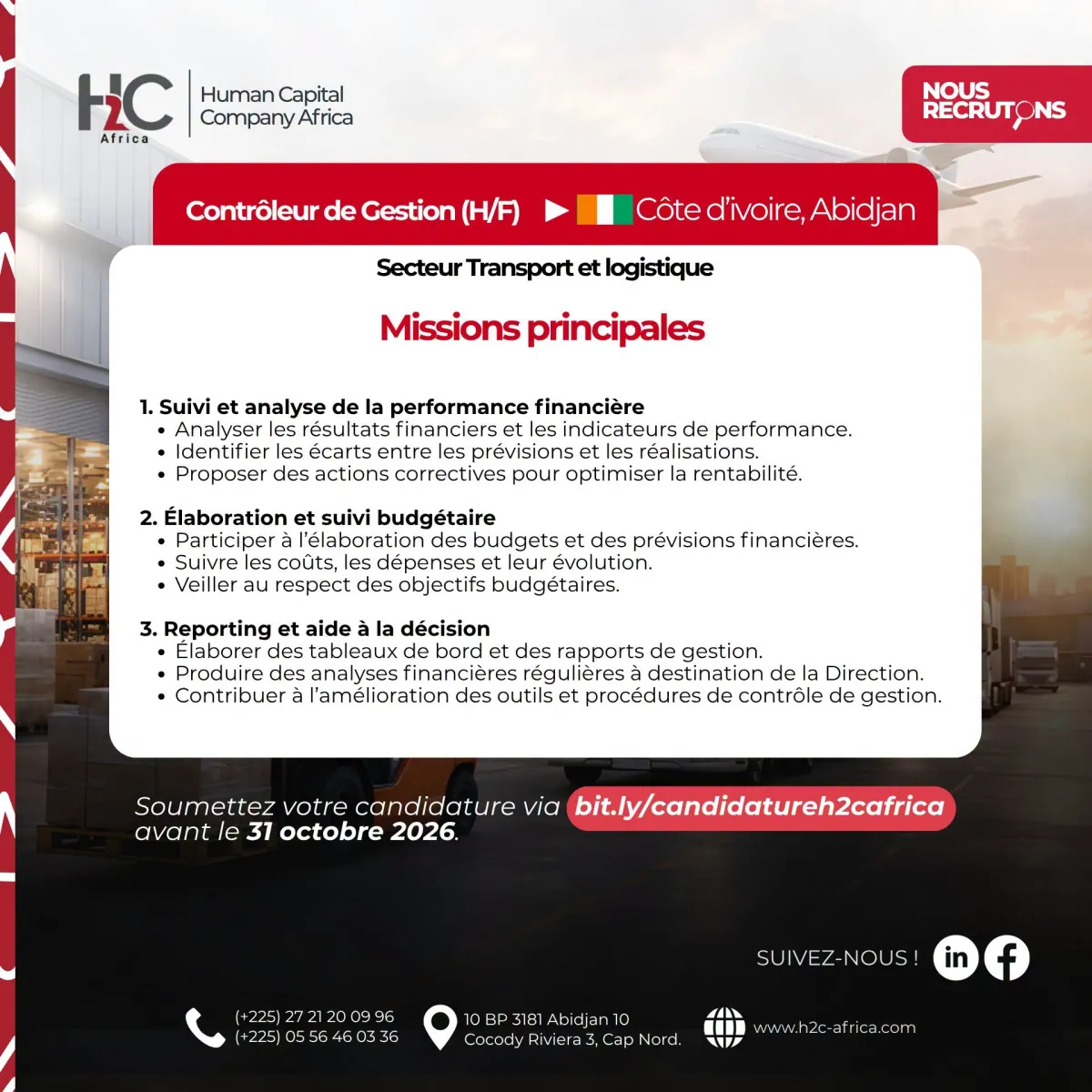 Offre d'emploi RECRUTEMENT CONTROLEUR DE GESTION (H/F)