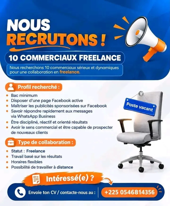 Offre d'emploi RECRUTEMENT DES COMMERCIAUX FREE-LANCE