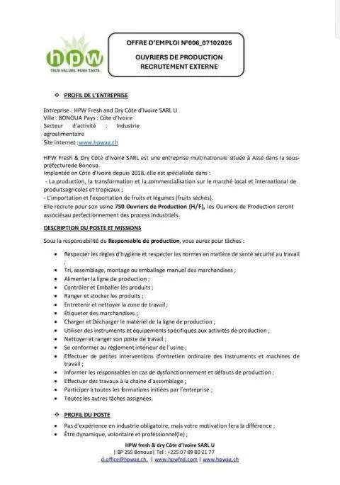 Offre d'emploi RECRUTEMENT MASSIF – 750 OUVRIERS DE PRODUCTION (H/F)