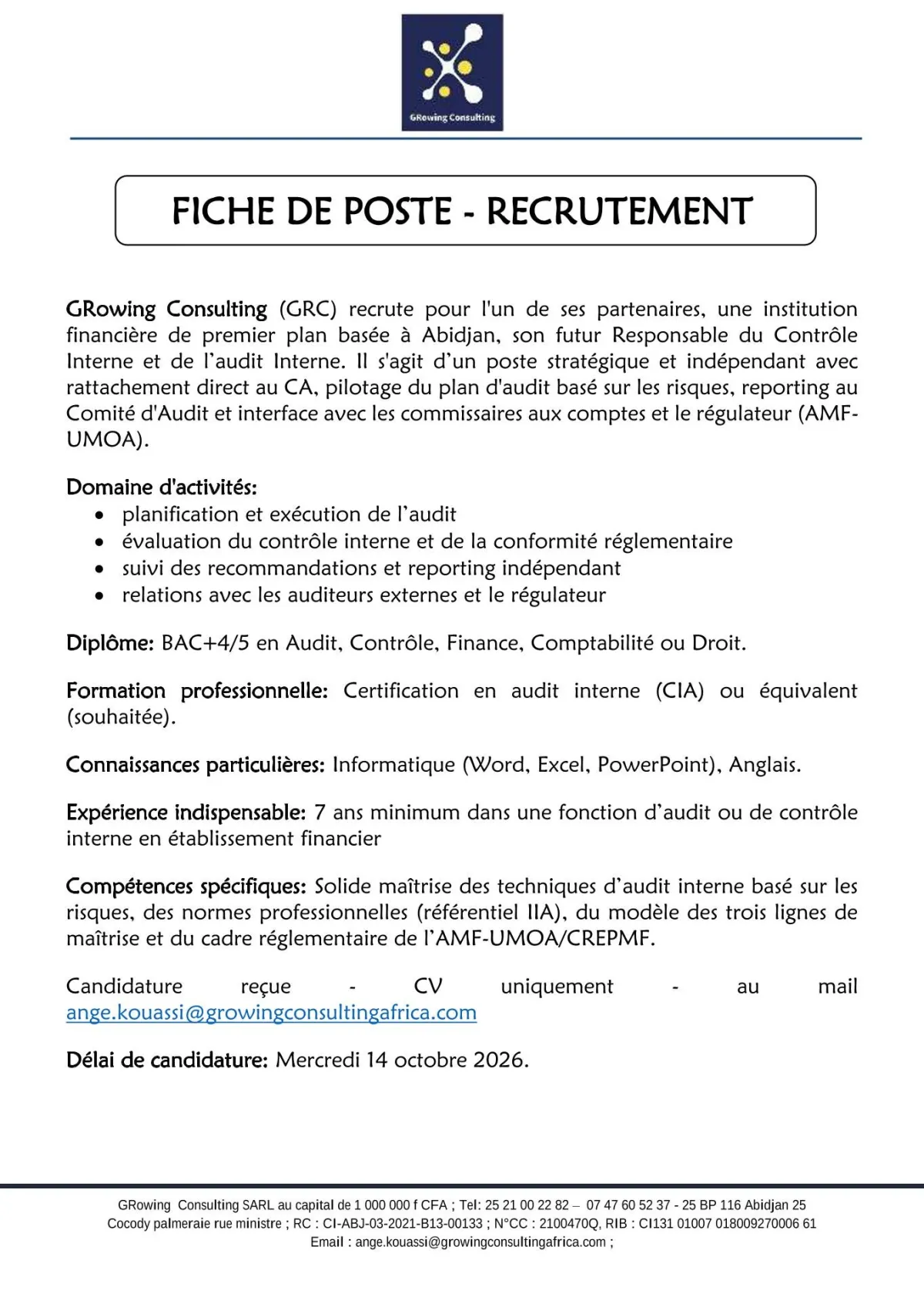 RECRUTEMENT RESPONSABLE CONTROLE INTERNE