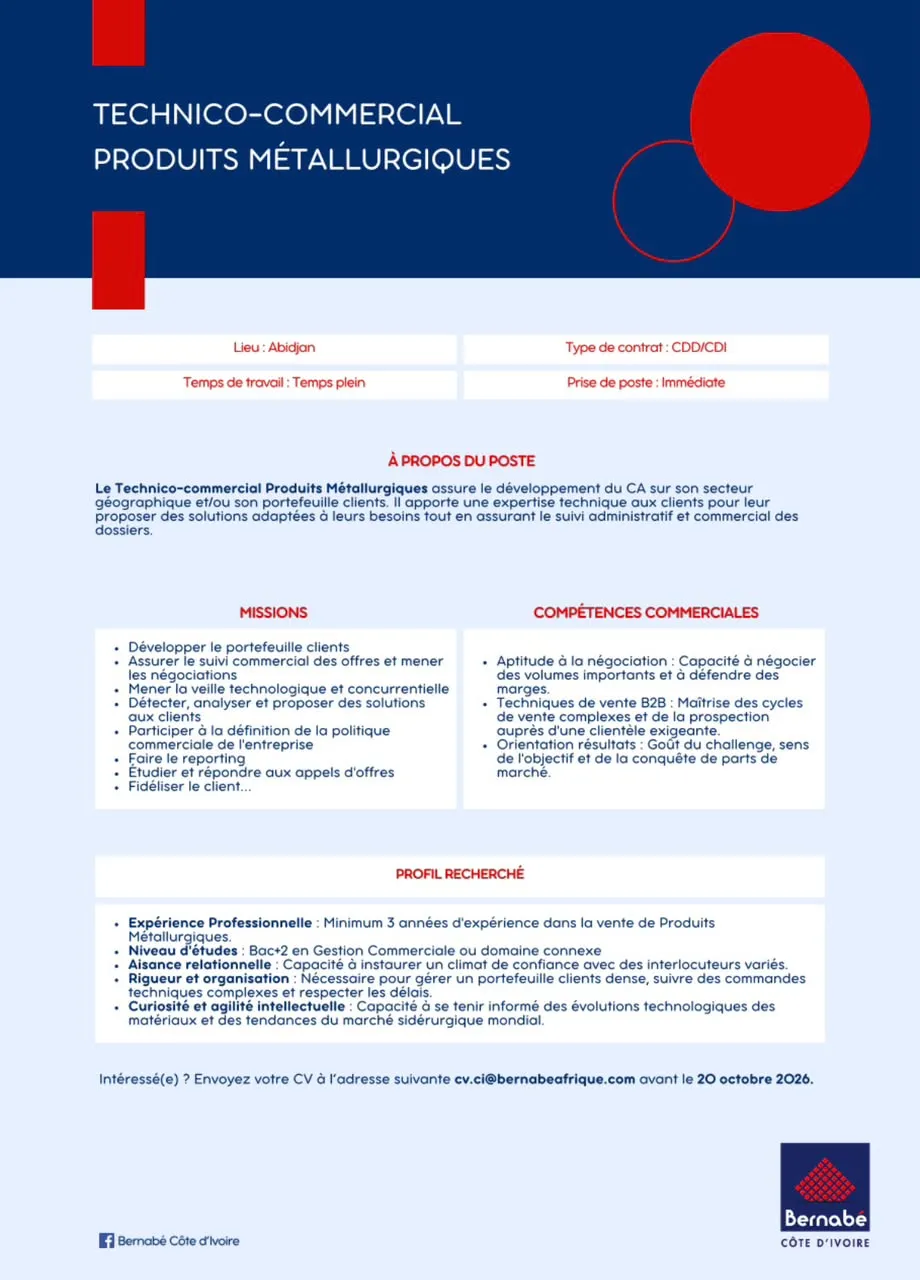 Offre d'emploi RECRUTEMENT TECHNICO-COMMERCIAL PRODUITS METALLURGIQUE (H/F)