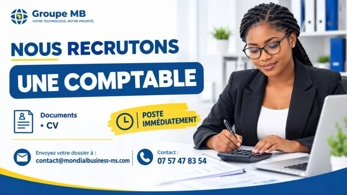 Offre d'emploi 𝐑𝐄𝐂𝐑𝐔𝐓𝐄𝐌𝐄𝐍𝐓 𝐃’𝐔𝐍𝐄 𝐂𝐎𝐌𝐏𝐓𝐀𝐁𝐋𝐄 𝐄𝐗𝐏𝐄́𝐑𝐈𝐌𝐄𝐍𝐓𝐄́𝐄