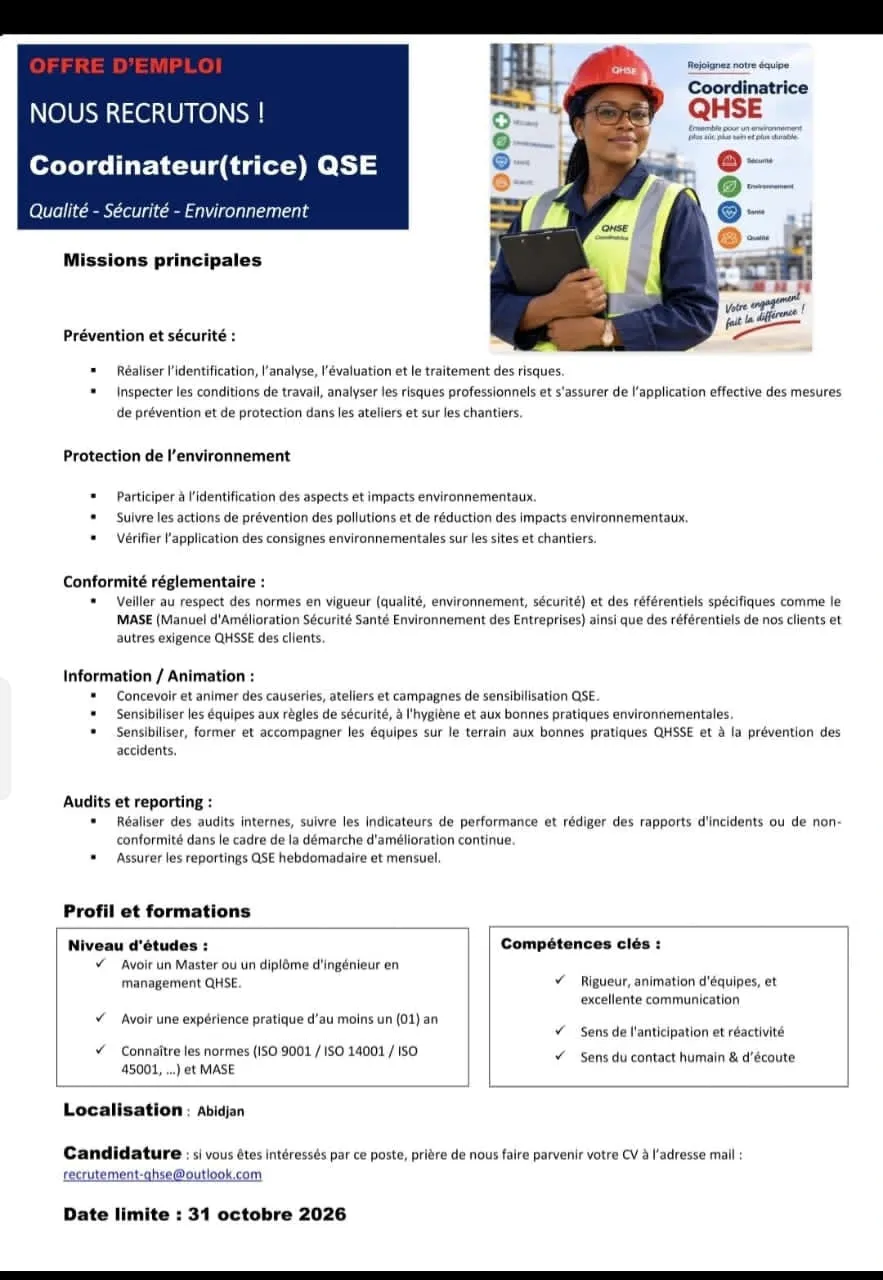 Offre d'emploi RECRUTEMENT COORDINATEUR (TRICE) QHSE