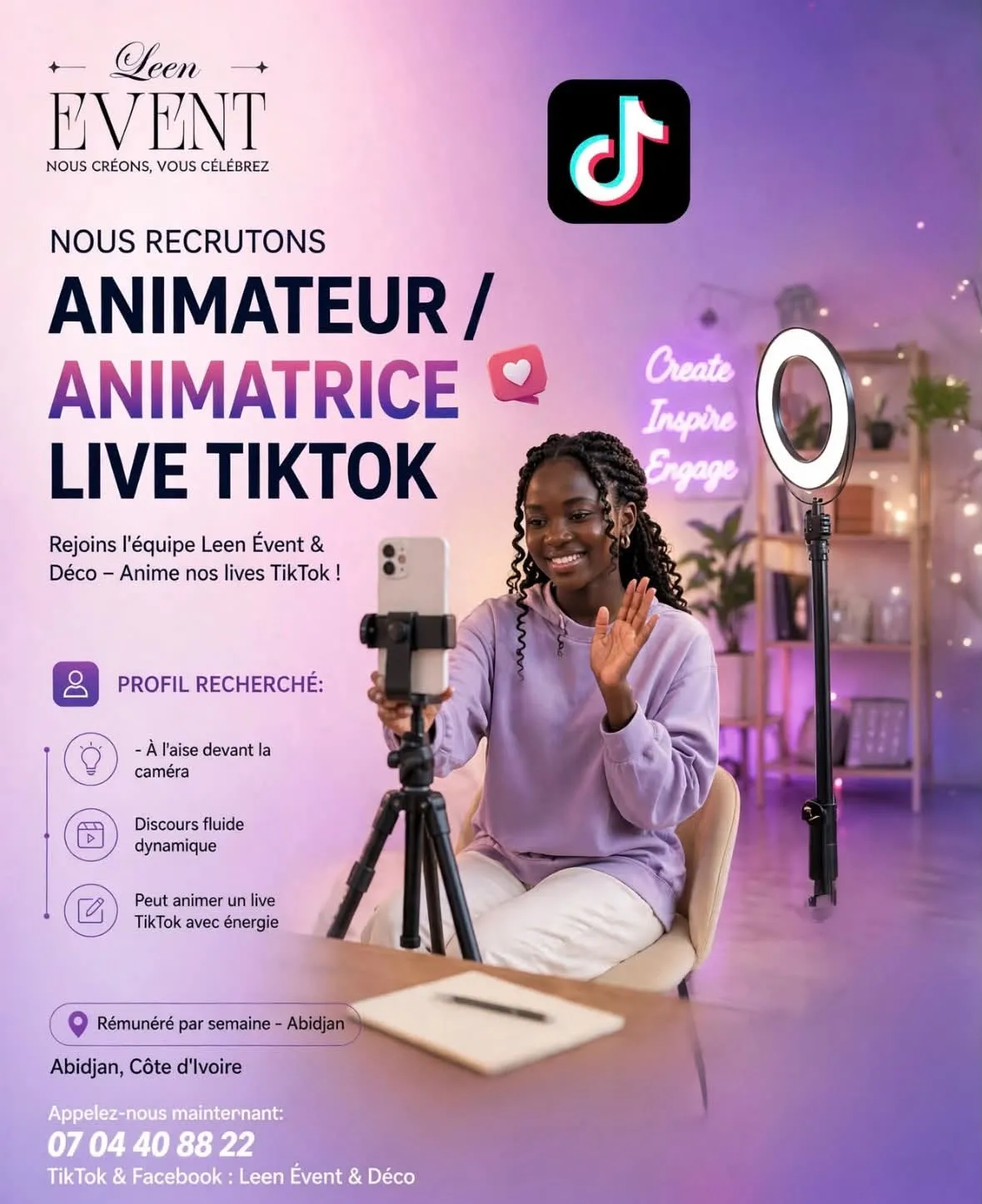 Offre d'emploi RECRUTEMENT ANIMATEUR / ANIMATRICE LIVE TIK TOK (H/F)