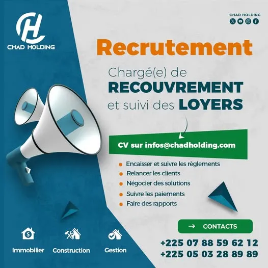 Offre d'emploi RECRUTEMENT CHARGE DE RECRUTEMENT ET SUIVIE DE DES LOYERS