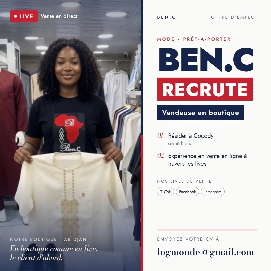 Offre d'emploi RECRUTEMENET VENDEUSE EN BOUTIQUE