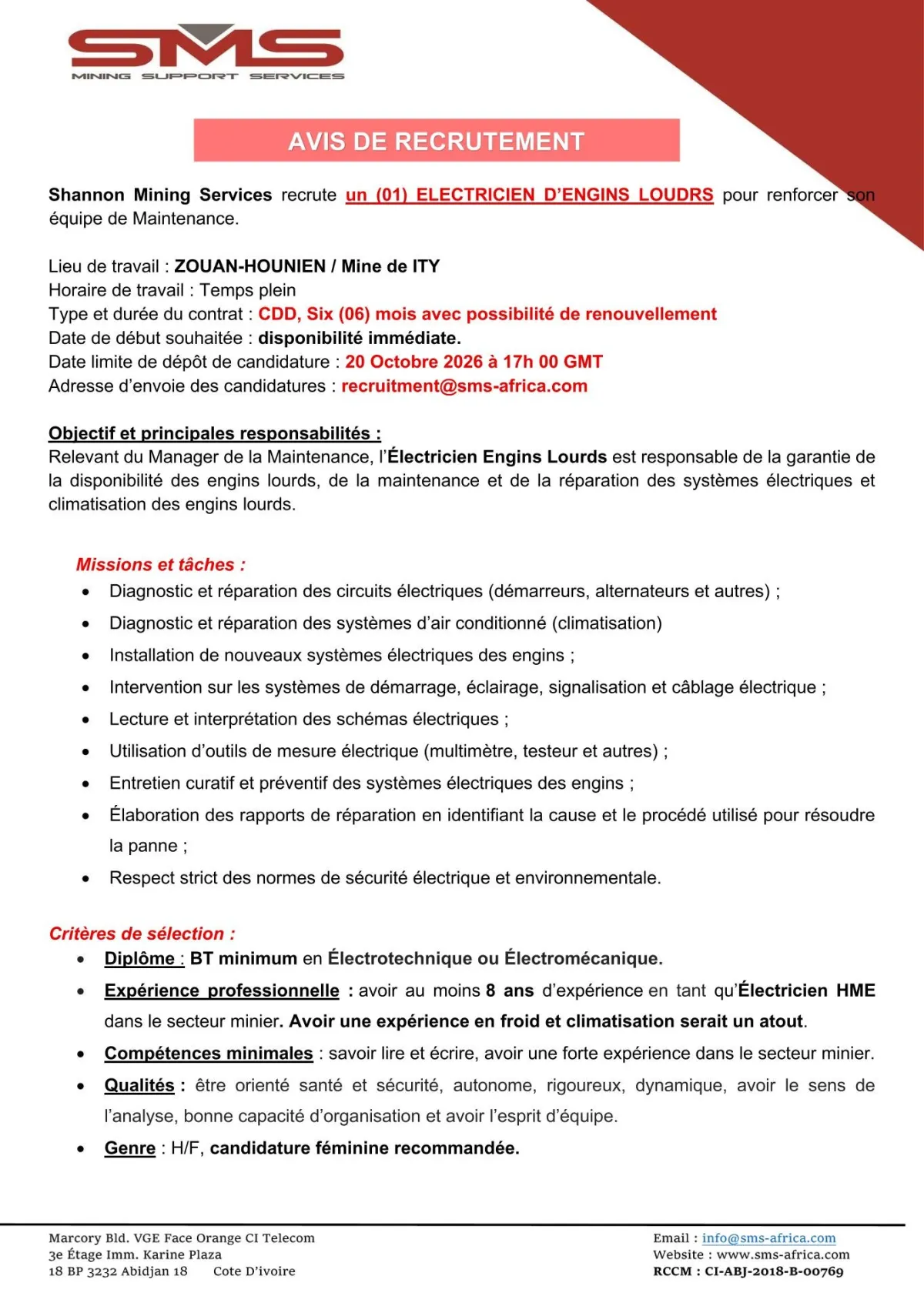 Offre d'emploi RECRUTEMENT ELETRICIEN D'ENGIN LOURDS