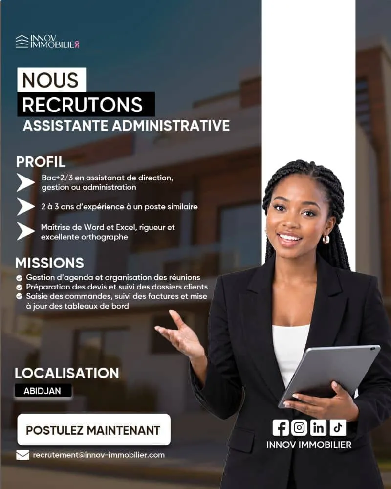 Offre d'emploi RECRUTEMENT D'UNE ASSISTANTE ADMINISTRATIVE