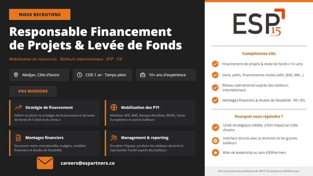 Offre d'emploi RECRUTEMENT RESPONSABLE FINANCEMENT DE PROJET
