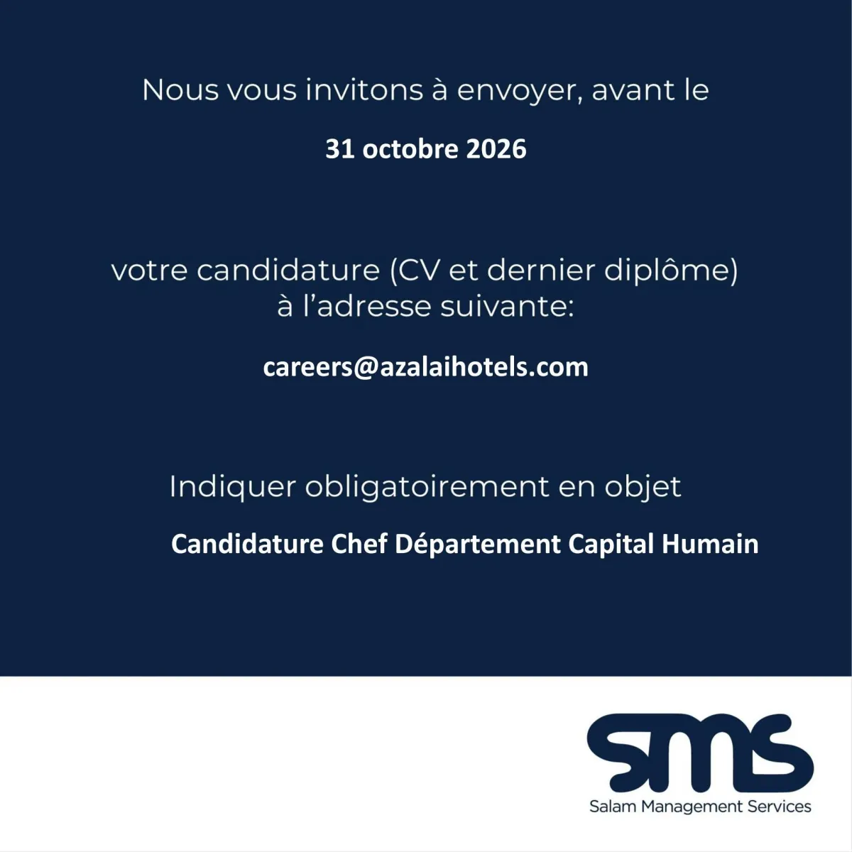 Offre d'emploi RECRUTEMENT D'UNE CHEF DE DEPARTEMENT