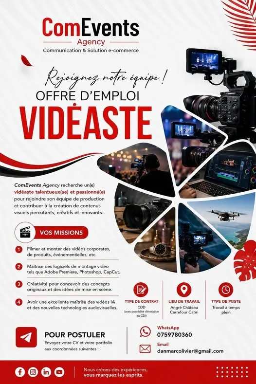 Offre d'emploi OFFRE D’EMPLOI | VIDÉASTE / MONTEUR VIDÉO (H/F)