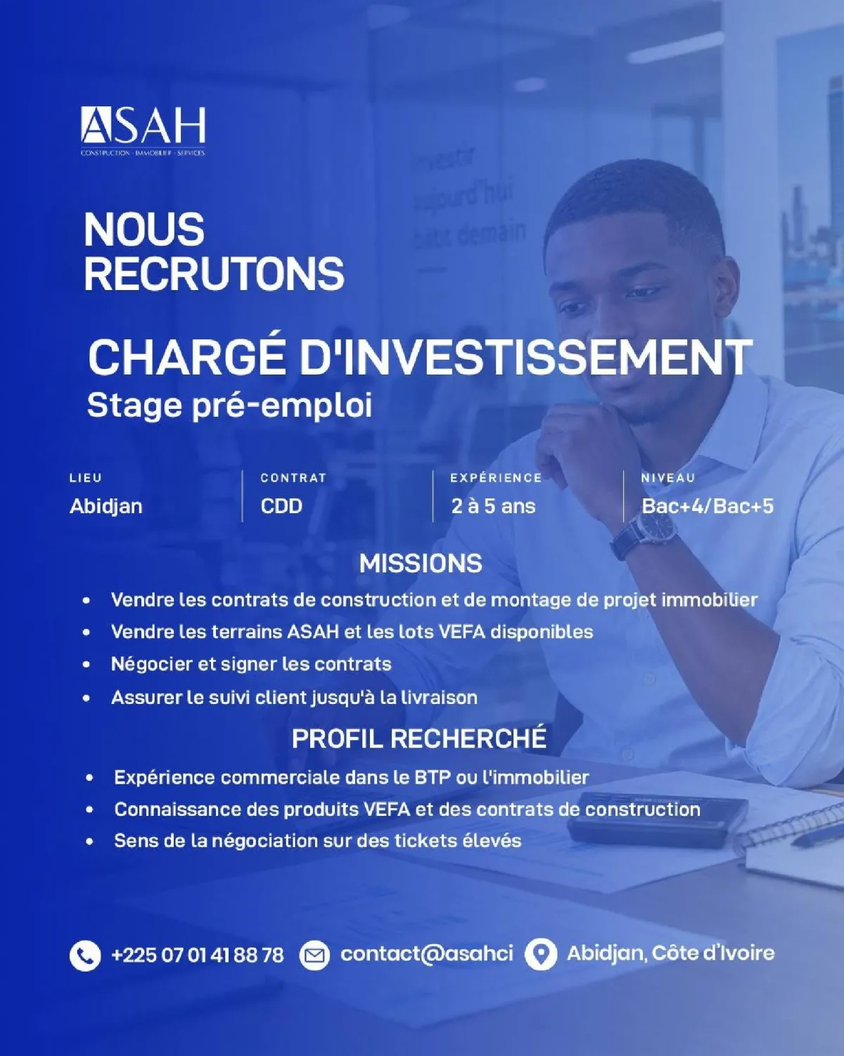 Offre d'emploi RECRUTEMENT STAGIAIRE CHARGE D'INVESTISSEMENT