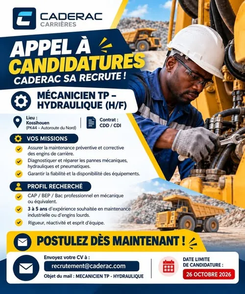 Offre d'emploi RECRUTEMEN MECANICIEN TP - HYDRAULIQUE H/F