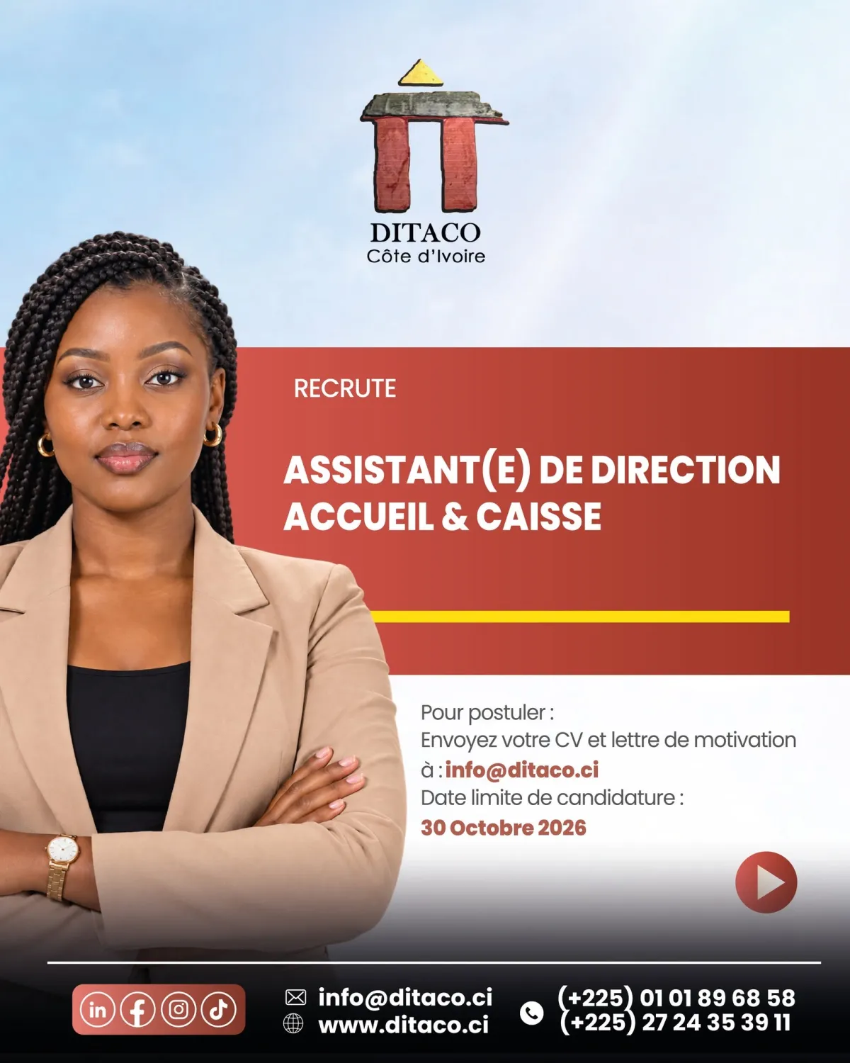 Offre emploi RECRUTEMENT ASSISTANTE ADMINISTRATIVE CAISSE ACCUEIL à ABIDJAN