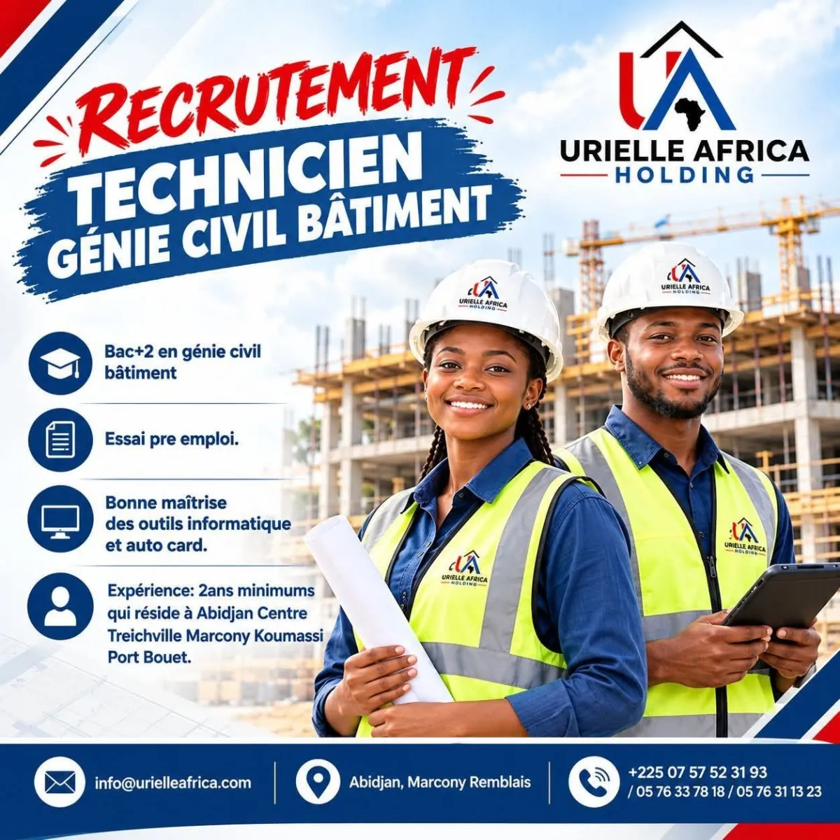 Offre d'emploi RECRUTEMENT TECHNICIEN GENIE CIVIL BATIMENT