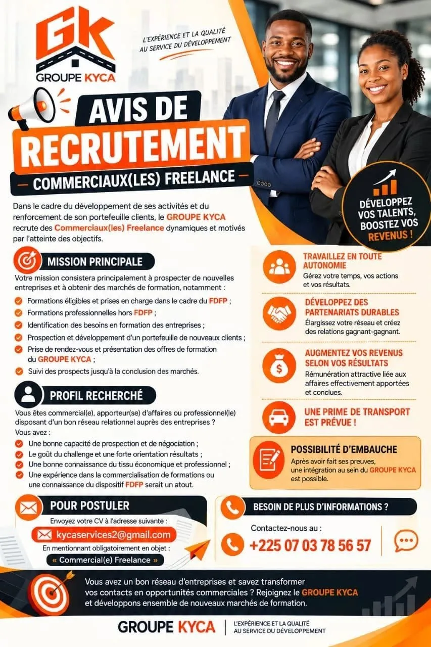 Offre emploi RECRUTEMENT DE COMMERCIAL FREELANCE à ABIDJAN