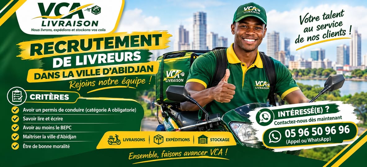 Offre emploi RECRUTEMENT LIVREUR MOTO (H/F) à ABIDJAN