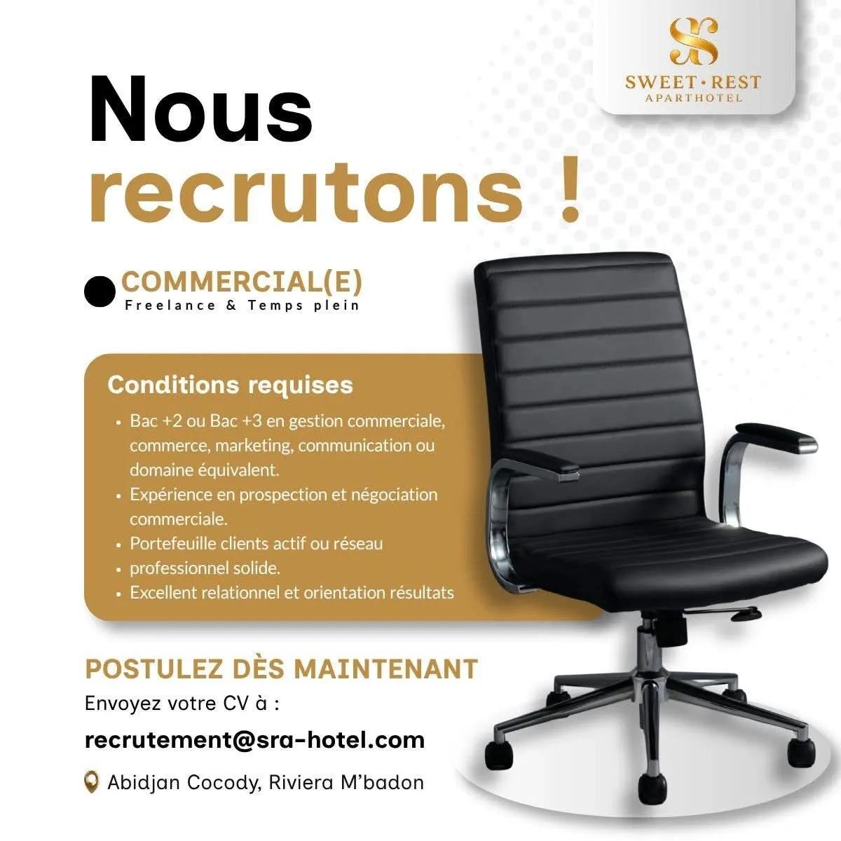 Offre emploi 𝗢𝗙𝗙𝗥𝗘 𝗗'𝗘𝗠𝗣𝗟𝗢𝗜 𝗖𝗢𝗠𝗠𝗘𝗥𝗖𝗜𝗔𝗟(𝗘) 𝗙𝗥𝗘𝗘𝗟𝗔𝗡𝗖𝗘 à ABIDJAN