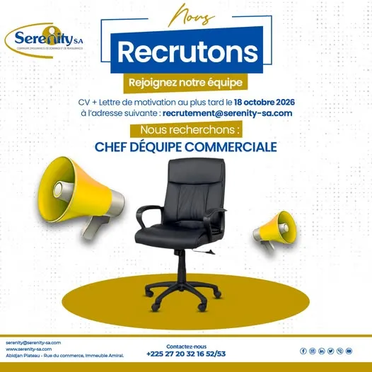 Offre emploi RECRUTEMENT CHEF D’ÉQUIPE COMMERCIALE à COTE D'IVOIRE