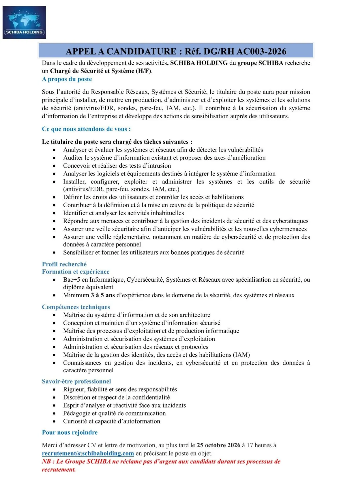 CHARGÉ DE SÉCURITÉ ET SYSTÈME (H/F)