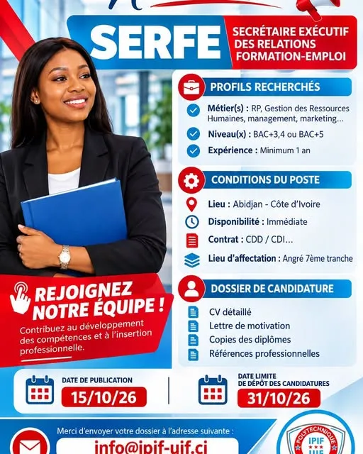 Offre d'emploi RECRUTEMENT EXCECUTIF DES RELATIONS FORMATIONS-EMPLOIS