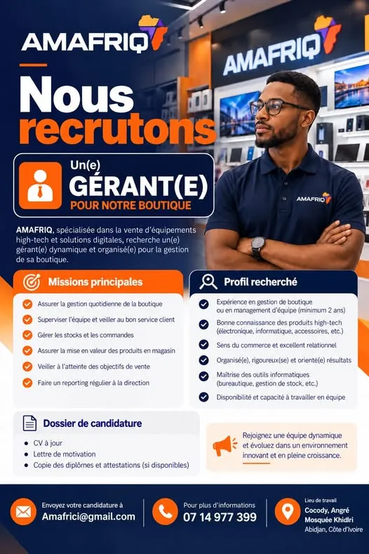 RECRUTEMENT GERANT (E) BOUTIQUE (H/F)
