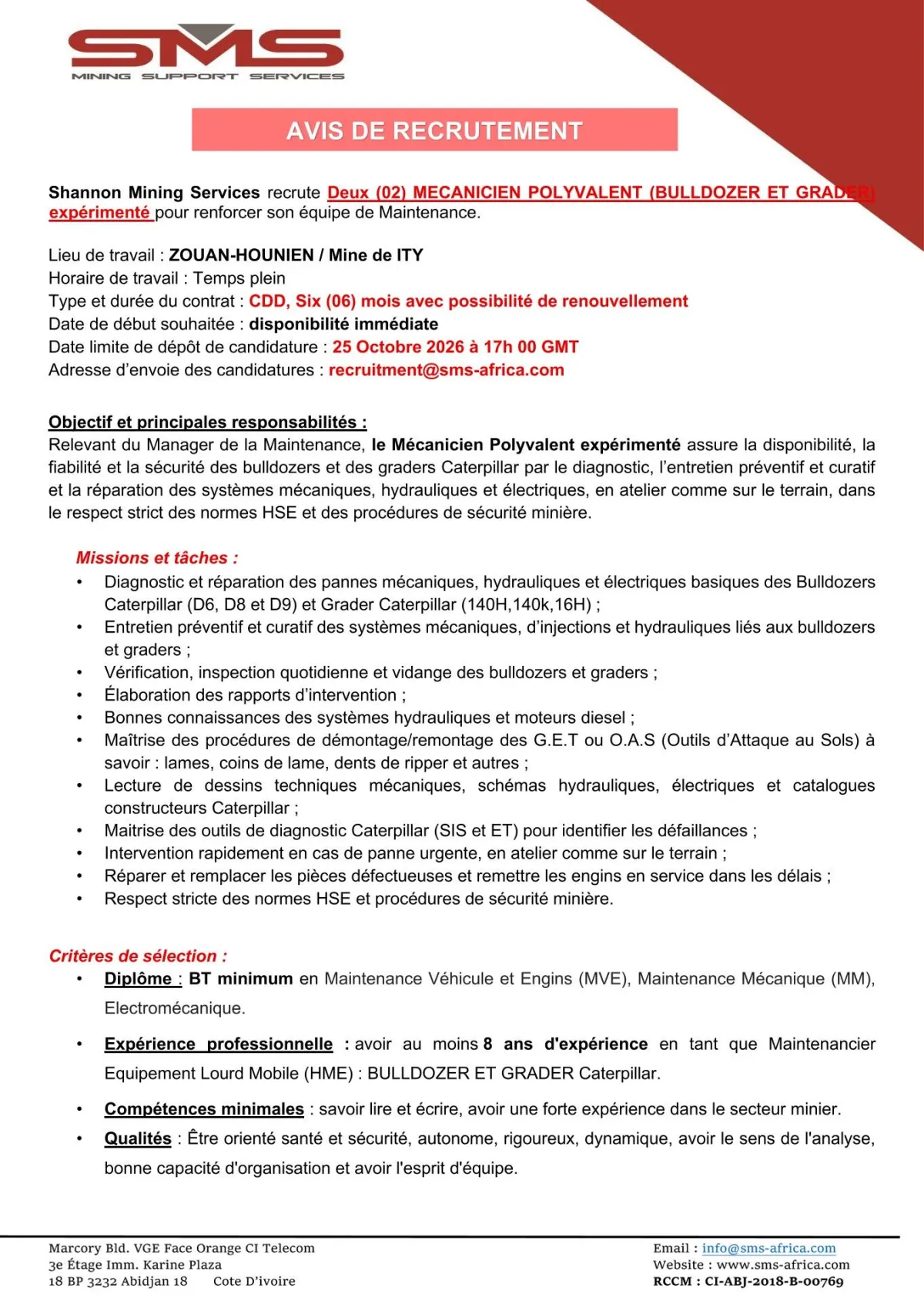 RECRUTEMENT MECANICIEN POLYVALENT (BULLDOZER/GRADER)