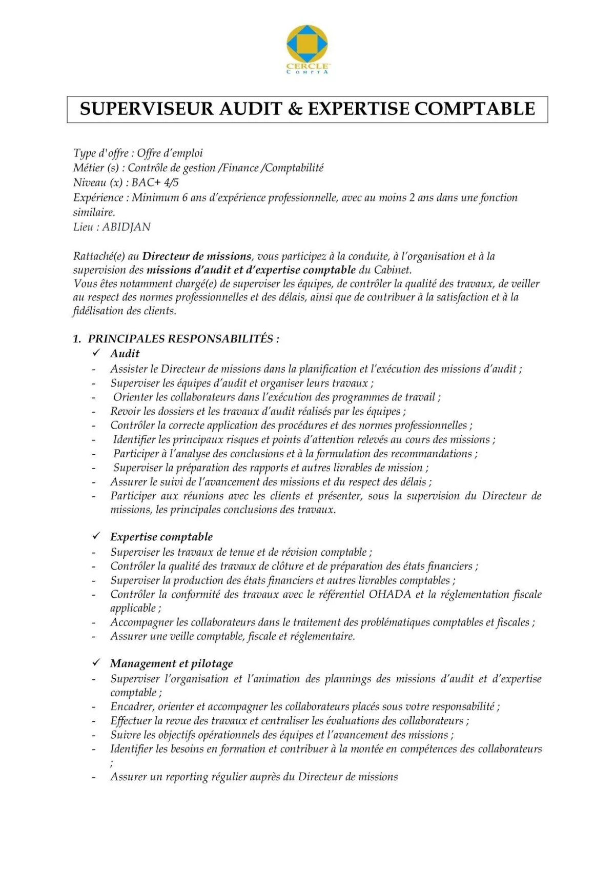 RECRUTEMENT SUPERVISEUR AUDIT EXPERTISE COMPTABLE