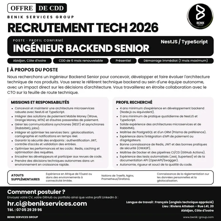 RECRUTEMENT INGÉNIEUR BACKEND SENIOR