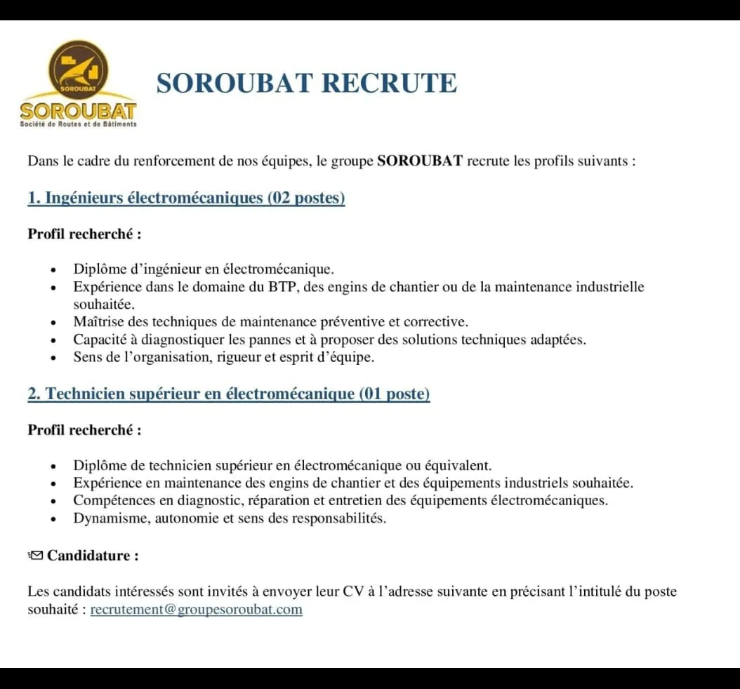 RECRUTEMENT INGÉNIEUR/ TECHNICIEN ÉLECTROMÉCANIQUE