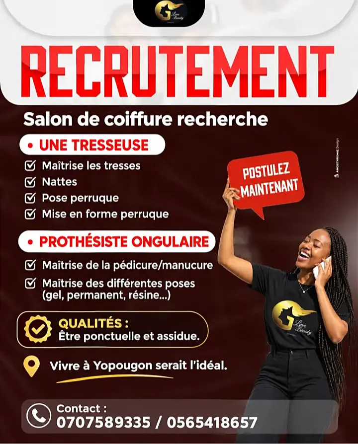 RECRUTEMENT DE COIFFEUSE ET PROTHÉSISTE ONGULAIRE