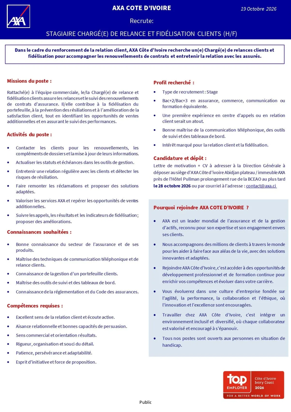 RECRUTEMENT STAGIAIRE CHARGE DE RELANCE ET DE FIDELISATION (H/F)